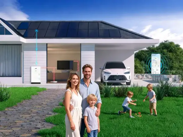 Famiglia felice davanti a casa con pannelli solari e sistema di accumulo. Gestione energetica intelligente con il fotovoltaico virtuale, visibile da smartphone.