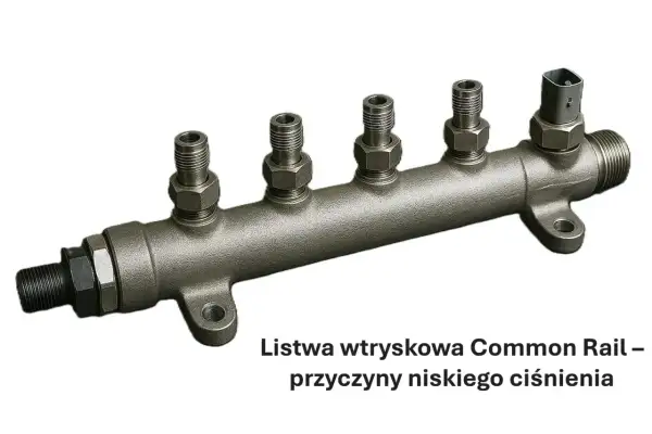 Metalowa listwa wtryskowa Common Rail z pięcioma wyjściami, złączem elektrycznym i mocowaniami.