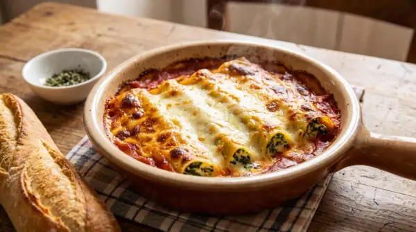 Cannelloni maison gratinés, fumants et dorés, servis dans un plat en terre cuite avec une baguette croustillante.