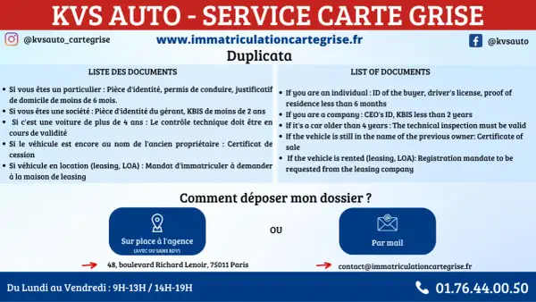 KVS AUTO propose un service carte grise. Découvrez la liste des documents nécessaires pour votre duplicata. Le prix de la perte de carte grise est abordé.
