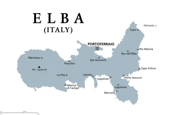 Mappa dell'Isola d'Elba, in Italia, con le principali località come Portoferraio, Marciana e Porto Azzurro.