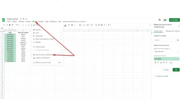 Dans Google Sheets, le menu "Format" permet d'accéder à "Mise en forme conditionnelle" pour étendre la formule.