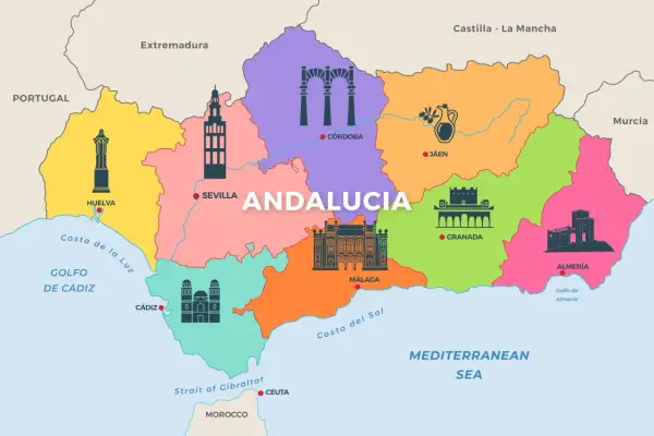 Mapa de Andalucía con sus provincias y monumentos icónicos. Descubre la tarifa como llegar a cada destino.