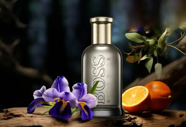 Elegancki flakon Hugo Boss Bottled 100ml otoczony fioletowymi irysami i soczystymi pomarańczami, sugeruje świeżość i wyrafinowanie.