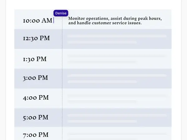 Agenda del día de Denise: monitorear operaciones, asistir en horas pico y manejar servicio al cliente.