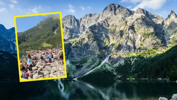 Tłum ludzi nad Morskim Okiem. Ciekawostki o tym miejscu to m.in. jego głębokość i pochodzenie.