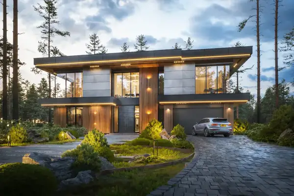 Nowoczesny dom z piwnicą, projekt z drewna i betonu, otoczony lasem. Elegancka bryła, duże okna, oświetlenie podkreślające architekturę.