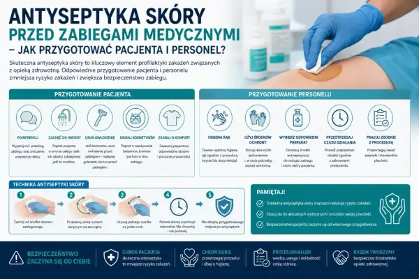 Personel medyczny stosuje środki antyseptyczne do dezynfekcji skóry przed zabiegiem, dbając o higienę i bezpieczeństwo pacjenta.