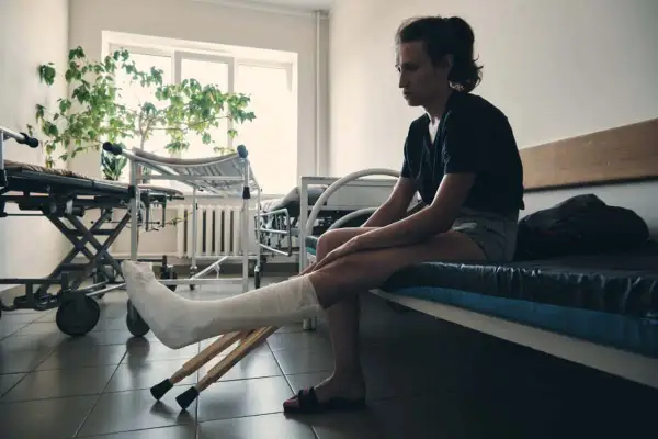 Kobieta z nogą w gipsie i kulami czeka na rehabilitację po złamaniu nogi.