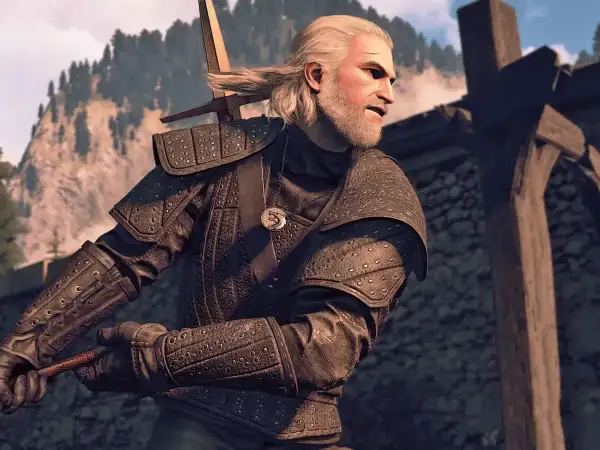 Geralt w zbroi z Wiedźmin 3, najlepszy rynsztunek, gotowy do walki.