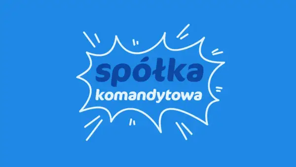 Biały dymek z napisem "spółka komandytowa" na niebieskim tle.