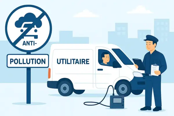 Un agent effectue un contrôle technique anti-pollution sur un utilitaire. Un panneau "Anti-Pollution" est visible.
