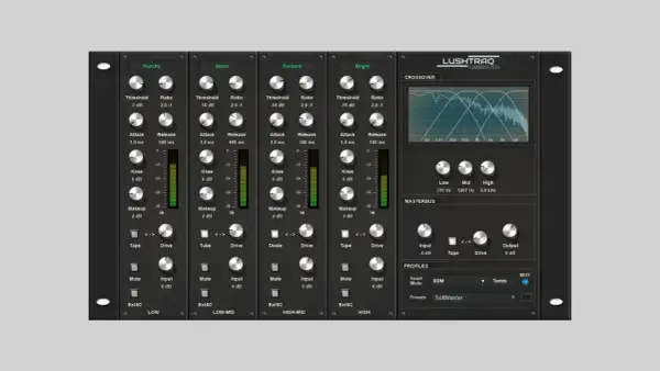 A free multiband compressor interface with four bands: Punchy, Warm, Forward, and Bright. Includes crossover and masterbus controls.