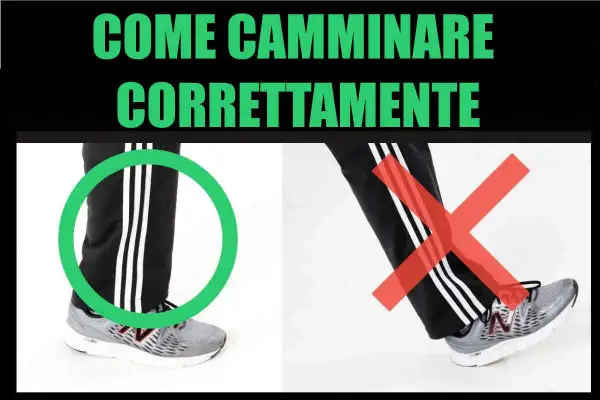 Immagine mostra come fare una camminata corretta: un piede con un cerchio verde, l'altro con una croce rossa.