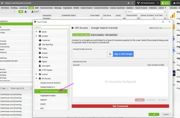 Panel boczny narzędzia SEO z opcją "Google Search Console" i ikoną przypominającą screaming frog seo spider.