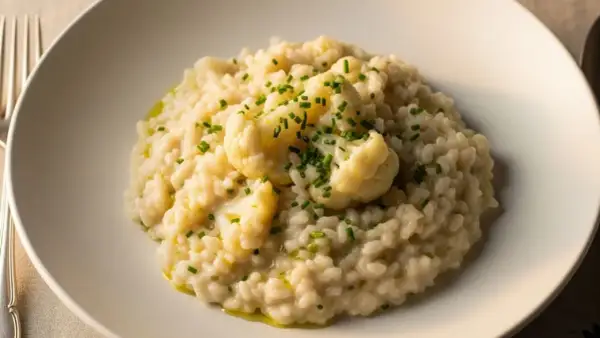Cremoso risotto de coliflor, coronado con floretes tiernos y cebollino fresco. Un plato reconfortante y lleno de sabor.