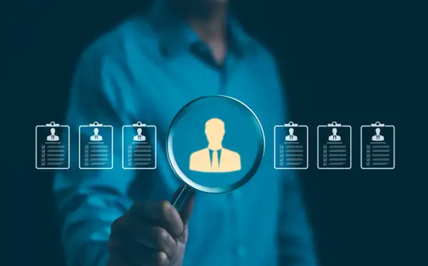 Szukamy idealnego kandydata. Lupa powiększa sylwetkę pracownika, pokazując, jak działa agencja pracy, dopasowując talenty do firm.