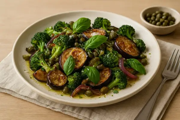 En härlig sallad med friterad kapris, aubergine, broccoli och basilika.