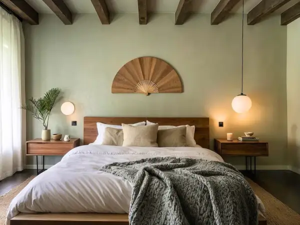 A cozy, dark bedroom with a large bed, wooden beams, and a decorative fan above the headboard.