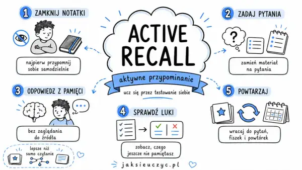 Aktywne przypominanie (Active Recall) to klucz do poprawy pamięci. Zamknij notatki, zadaj pytania, odpowiedz z pamięci, sprawdź luki i powtarzaj.