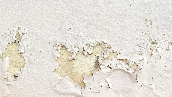 Dettaglio di una parete con pittura che si stacca, mostrando aree scrostate e la texture sottostante. Ideale per chi cerca come togliere pittura che si stacca.