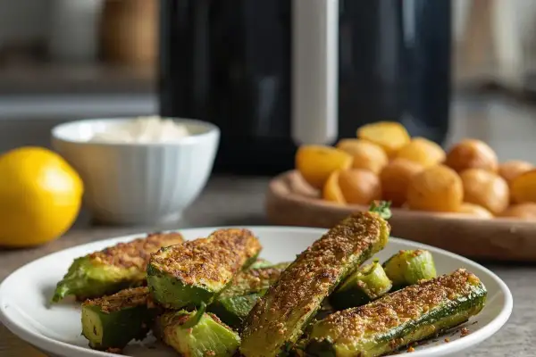 Zucchine croccanti in friggitrice ad aria, pronte in poco tempo. Perfette con limone e patatine.