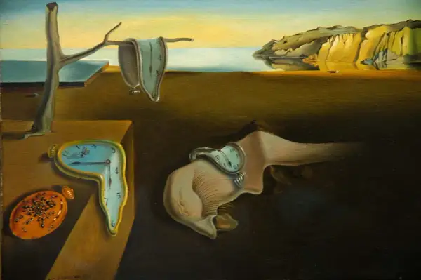 Melting clocks draped over a barren tree and a strange, fleshy form, a hallmark of surrealist artists, evoke a dreamlike landscape where time itself warps.