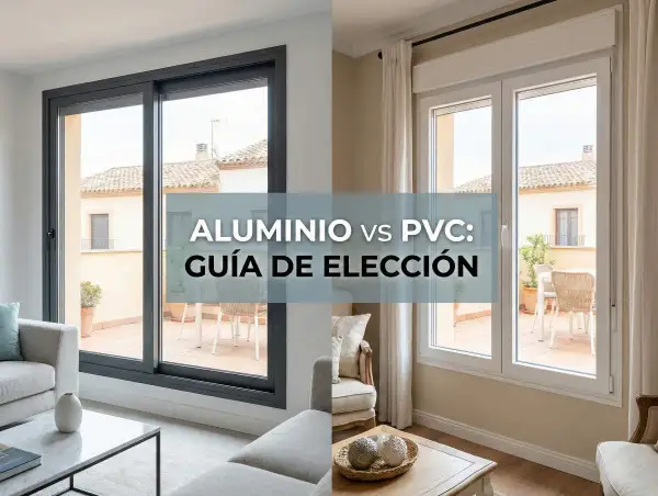 Comparativa de ventanas de aluminio o PVC. Guía para elegir la mejor opción para tu hogar, mostrando un interior moderno con vistas a un patio.