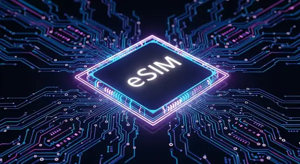 Elektroniczna karta SIM (eSIM) w centrum cyfrowego obwodu, symbolizująca przyszłość telefonów.