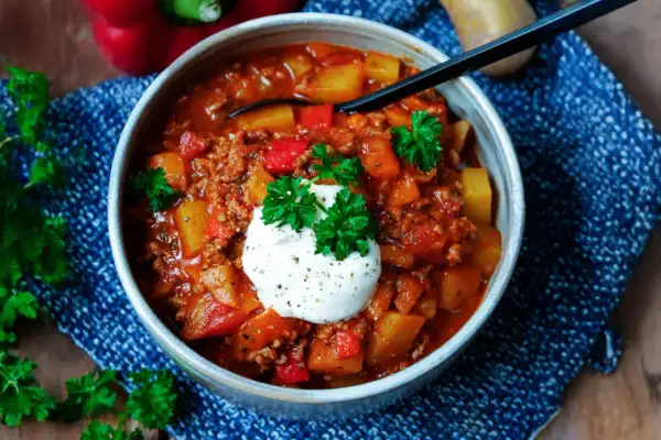 Herzhaftes Bauerntopf Rezept mit Hackfleisch, Kartoffeln und Paprika, garniert mit einem Klecks Sauerrahm und Petersilie.