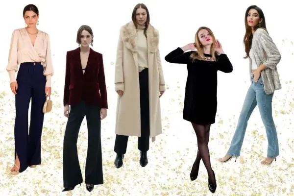 Cinco mujeres lucen elegantes atuendos para Navidad: pantalones palazzo, blazer de terciopelo, abrigo largo, vestido negro y chaqueta de lentejuelas.