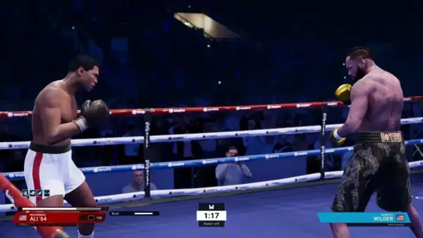 Muhammad Ali and Deontay Wilder face off in the ring. Ali, in white shorts, prepares for an eight punch combo.