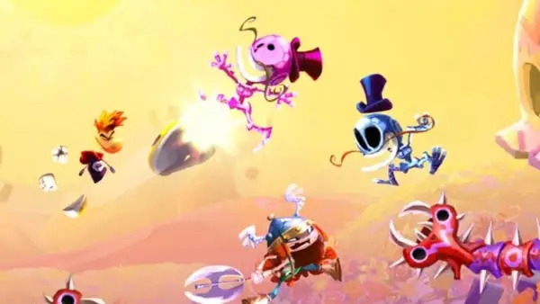 Kolorowa scena z gry Rayman, z postaciami w powietrzu i wrogami.