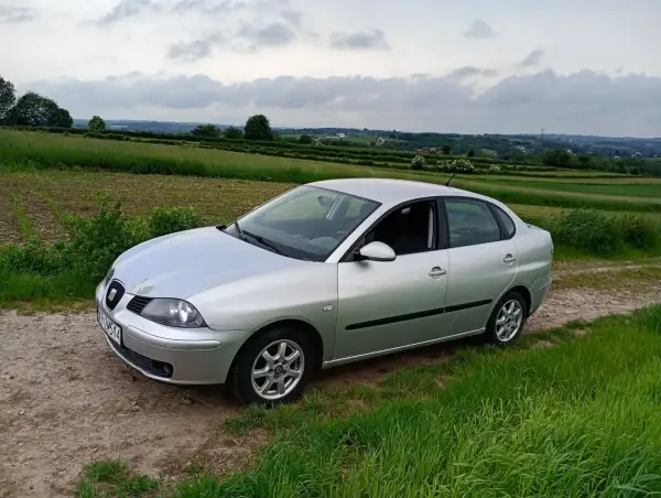 Srebrny Seat Cordoba na tle zielonych pól i pagórków.