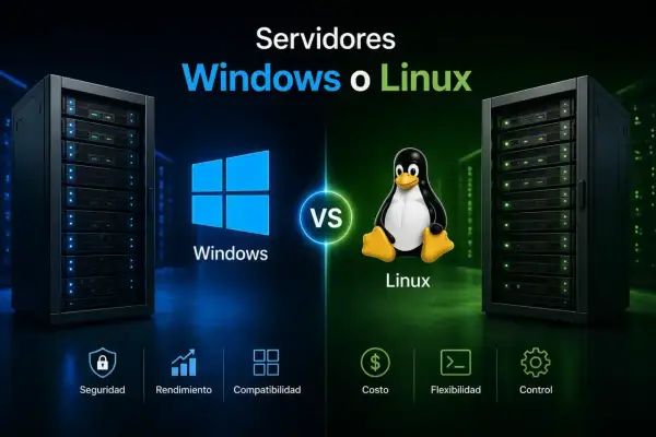 Comparativa de sistemas operativos para servidores: Windows vs. Linux, con iconos de seguridad, rendimiento, compatibilidad, costo, flexibilidad y control.