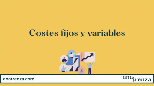 Ilustración sobre costes fijos y variables, con personas, bolsa de dinero y gráfico de crecimiento.