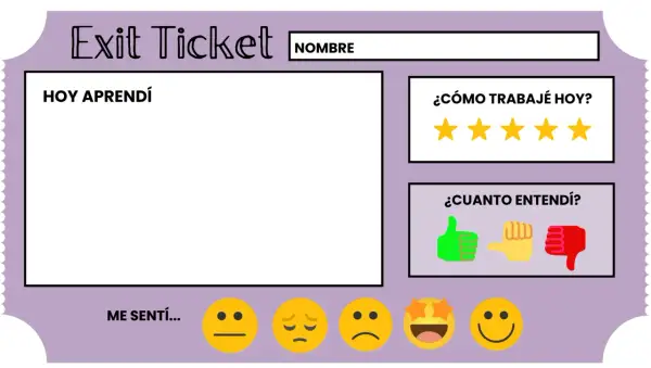 Un **exit ticket** para reflexionar sobre el aprendizaje del día, cómo trabajé y cómo me sentí.