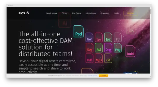 PICS.IO: a cost-effective DAM solution for distributed teams, showcasing various file types like Psd, Jpg, and Pdf.