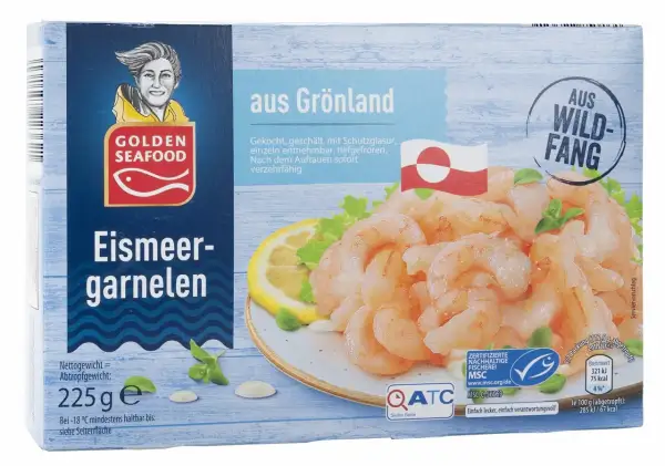 Golden Seafood Eismeergarnelen aus Grönland, beste Garnelen aus Wildfang, tiefgefroren, 225g.