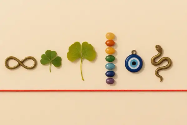 Símbolos de buena suerte y protección: infinito, trébol, ginkgo, piedras de chakras, ojo turco y serpiente, evocando el mundo espiritual.