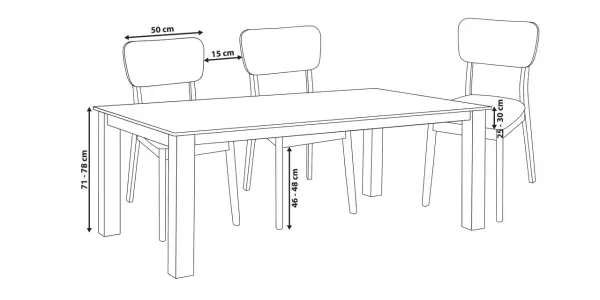 Ritning av ett matbord med tre stolar. Mått för bordets höjd (71-78 cm), avstånd mellan stolar (15 cm), stolens bredd (50 cm) och sitthöjd (25-30 cm) visas.