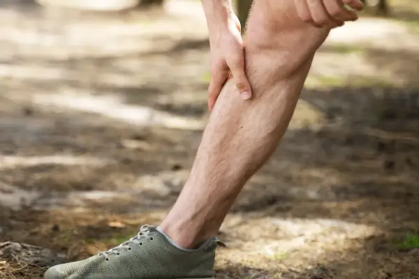 Uomo con mano sulla tibia, avvertendo dolore tibiale anteriore a riposo. Scarpa da ginnastica verde in primo piano.