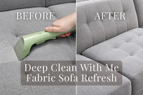 Before and after of a grey fabric couch being deep cleaned with a handheld upholstery cleaner.