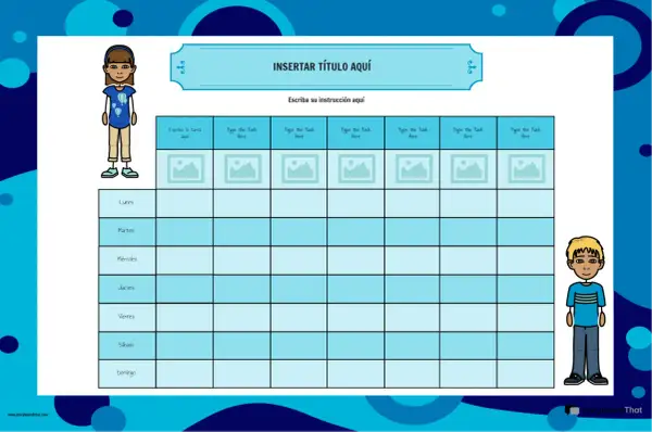 Plantillas imprimibles para organizar tareas semanales. Incluye espacios para título, instrucciones, días de la semana y tareas diarias.