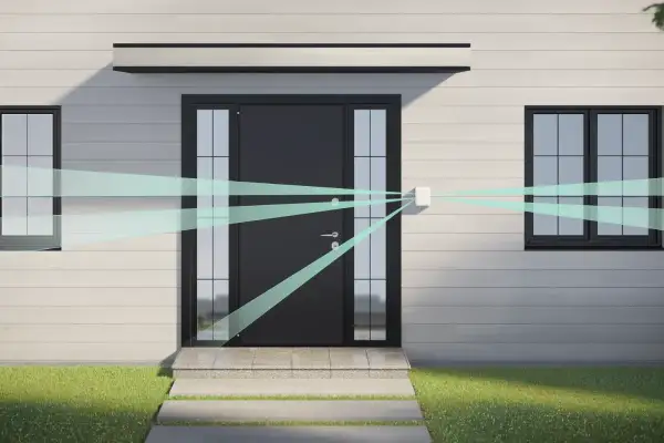 Un détecteur blanc émet des faisceaux lumineux bleus vers la porte d'entrée et les fenêtres, illustrant un système d'alarme périmétrique.