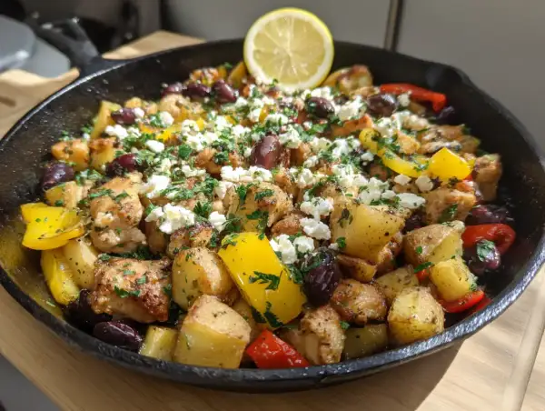 En smakrik grekisk pyttipanna med kyckling, potatis, paprika, oliver och fetaost, toppad med citron och persilja.