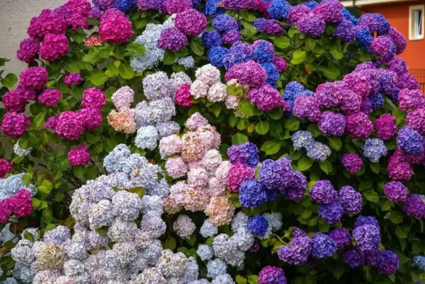 En frodig buske med hortensior i nyanser av rosa, lila och blått. En vacker klippa hortensia som blommar rikligt.