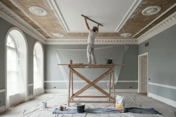 Lavoratore applica intonaco al soffitto decorato, un passo fondamentale per come isolare una casa e migliorare l'efficienza energetica.