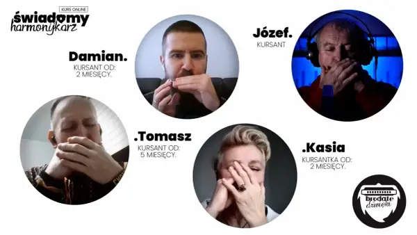 Damian, Józef, Tomasz i Kasia grają na harmonijce. Nuty unoszą się w powietrzu, tworząc melodię.