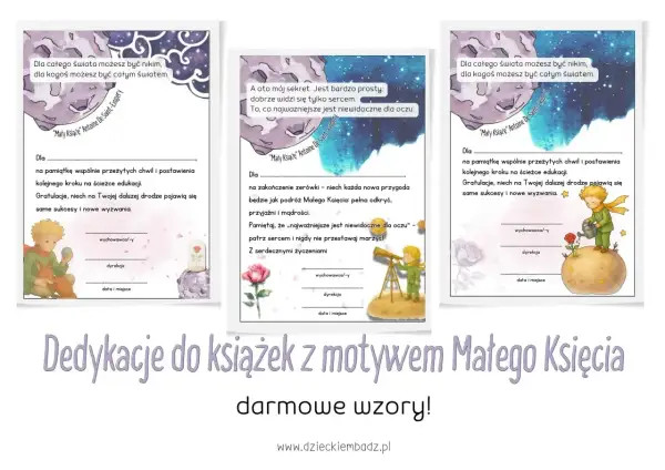 Dedykacja do książki na ślub z Małym Księciem. Wzory z cytatami i ilustracjami.